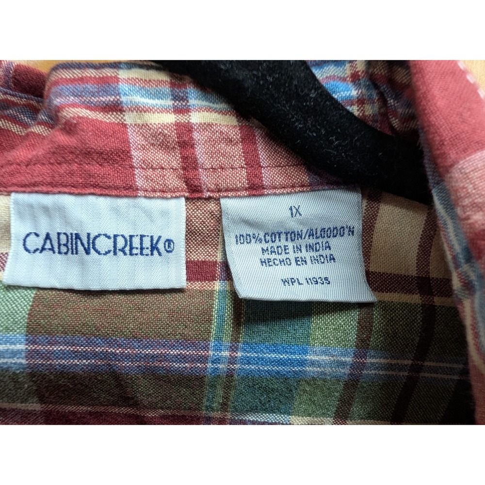 Cabin Creek Women's 1X Plaid Shirt Button-Down Front 3/4 Button Tabs Sleeves - Picture 3 of 11